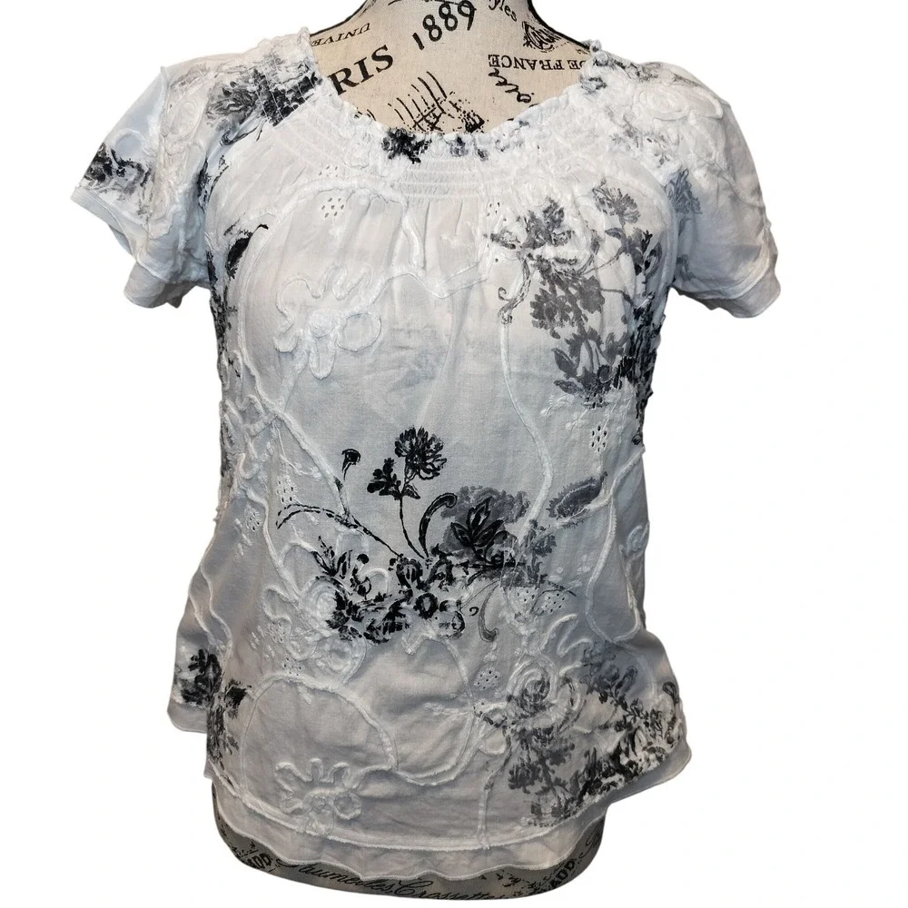 Laura Scott Petite Womens Petite S‎ White Black Floral Eyelet Smocked Blouse Top